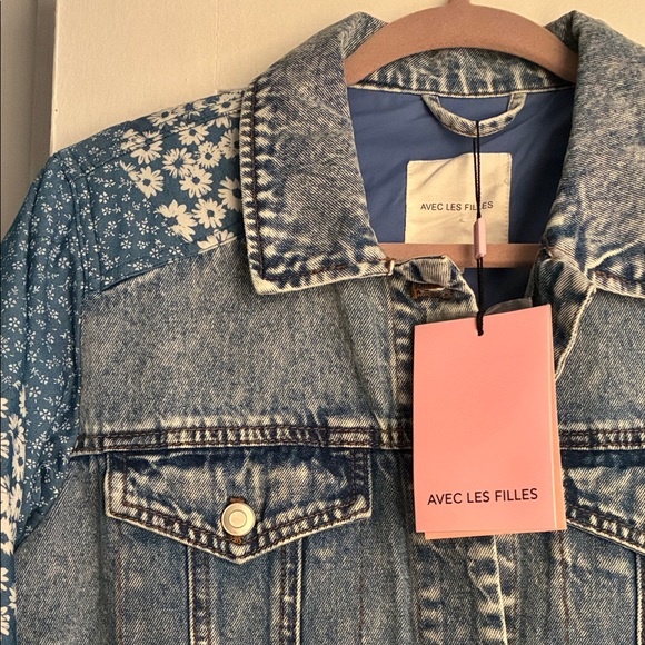 Avec Les Filles Jackets & Blazers - Avec Les Filles Blue Floral Denim Jacket